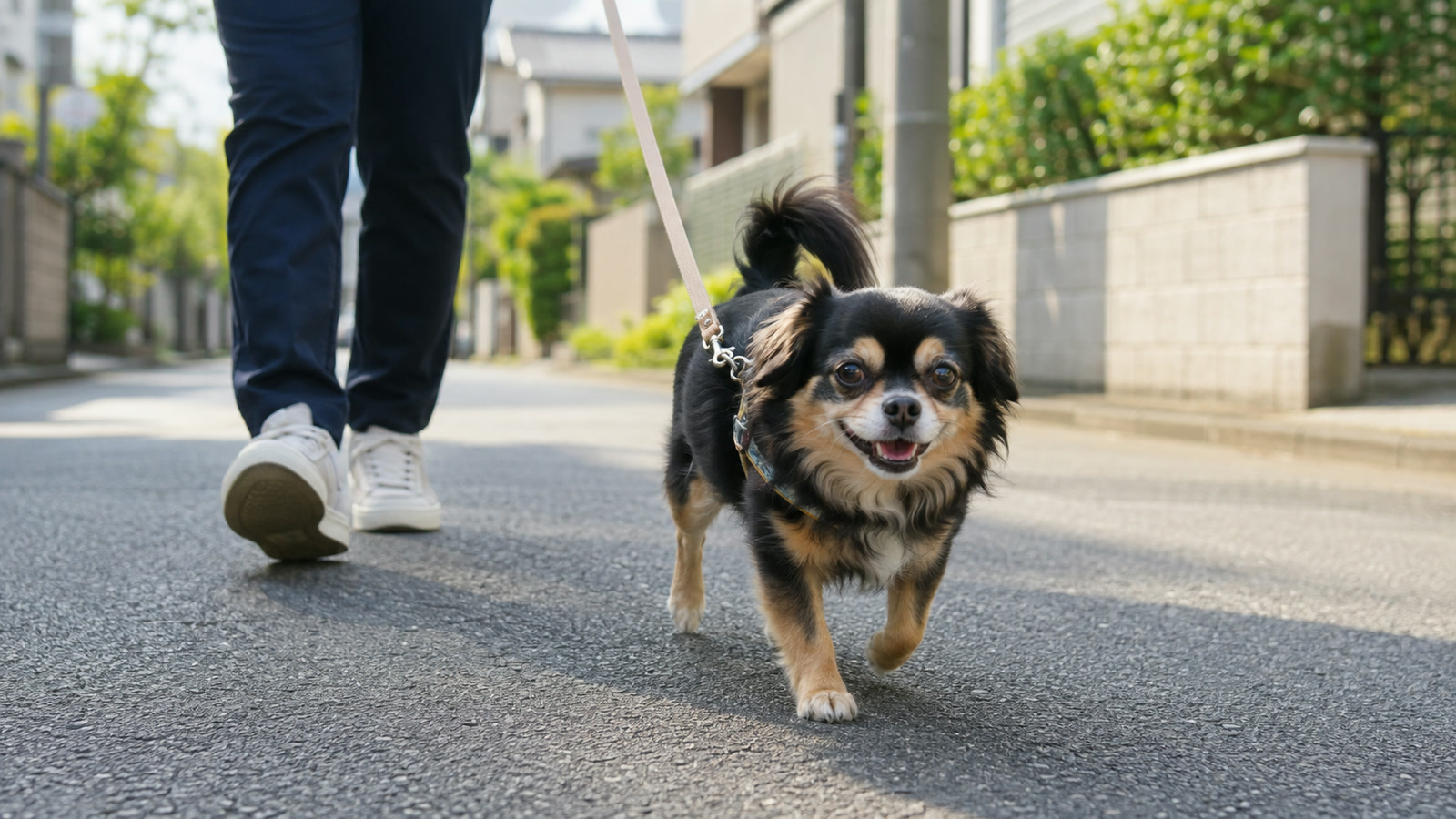 朝の住宅街で、リードを付けて歩いている小型犬と飼い主の足元の写真
