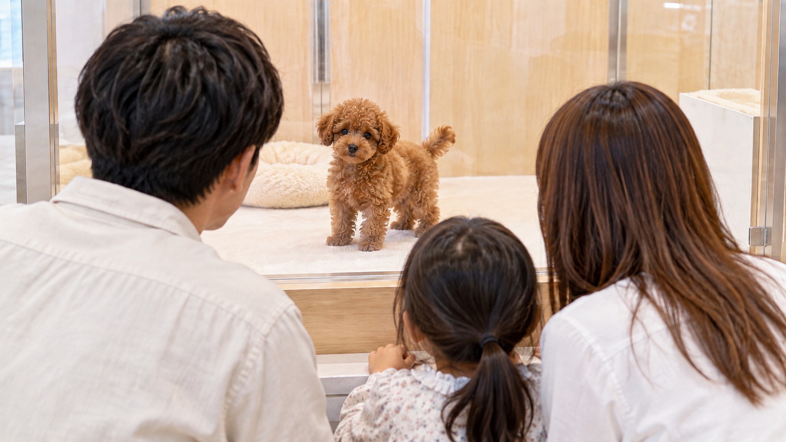 施設の見学スペースで、トイプードルの子犬の様子を見ている家族の後ろ姿の写真