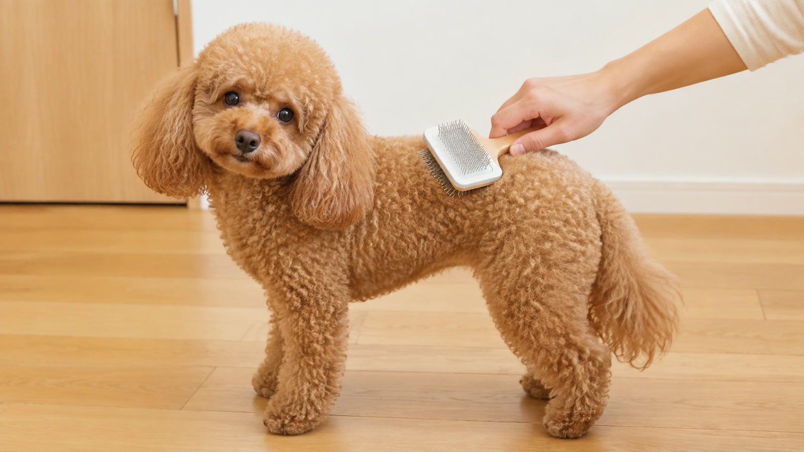 フローリングの部屋でブラッシングをしてもらっているトイプードルの写真