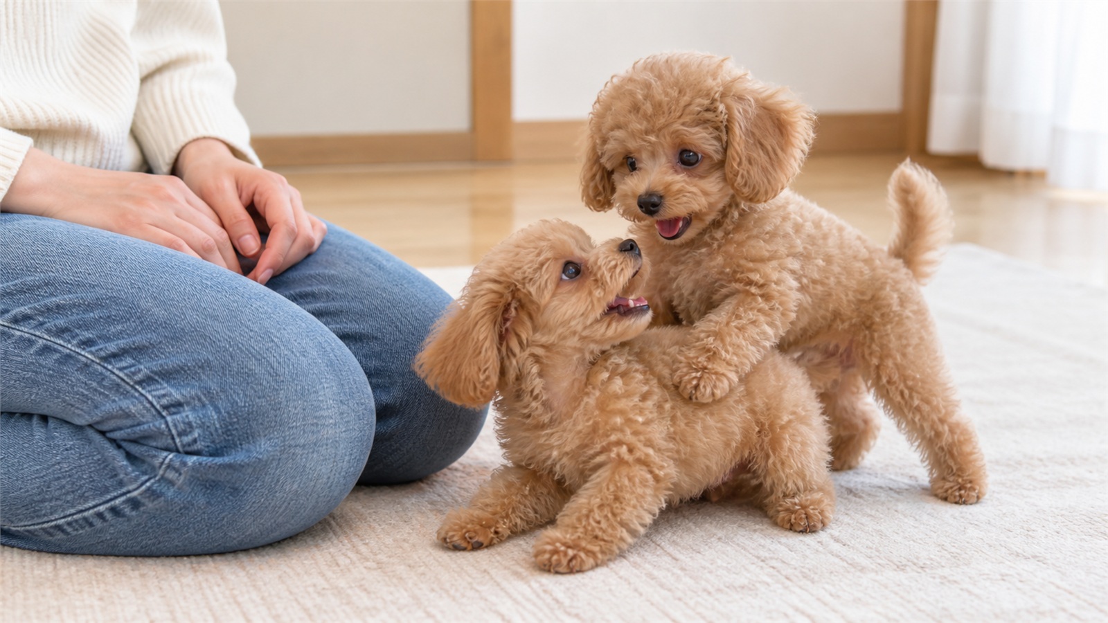 明るい室内で、床に座った人の膝のそばで、アプリコットのトイプードルの子犬2頭が遊んでいる写真