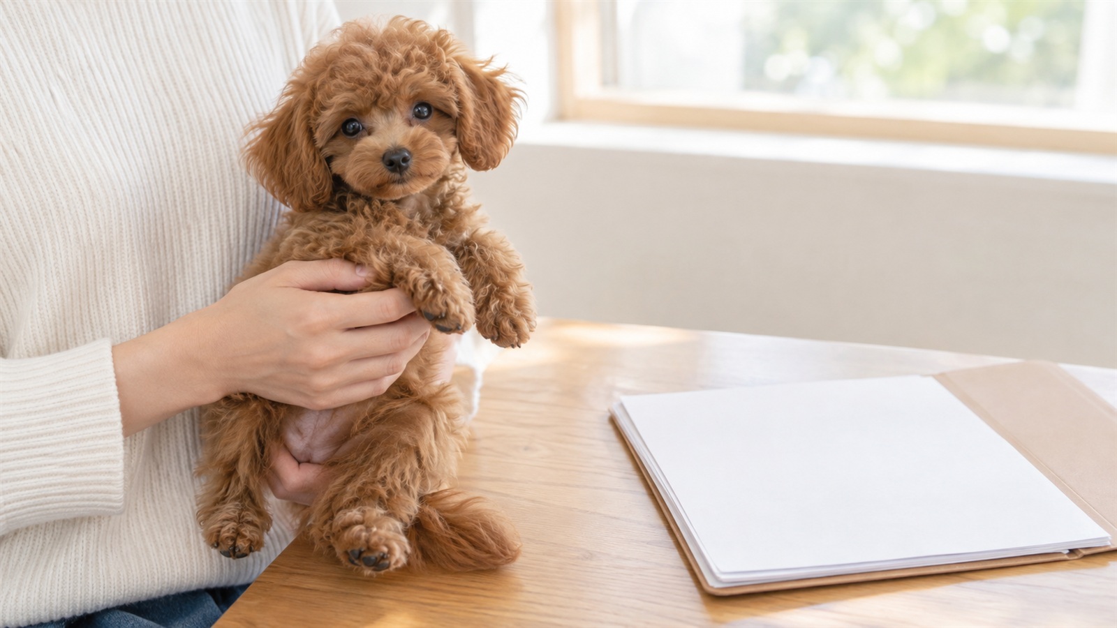 見学スペースでトイプードルの子犬を抱いている人の手元と、そばに置かれた書類の写真