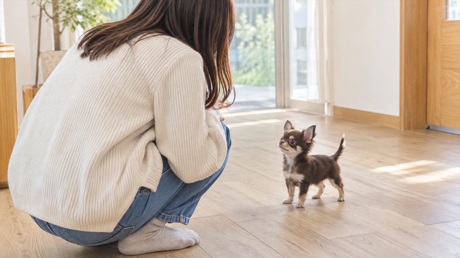 見学に来た人が、床にしゃがんでチワワの子犬の様子を見ている写真
