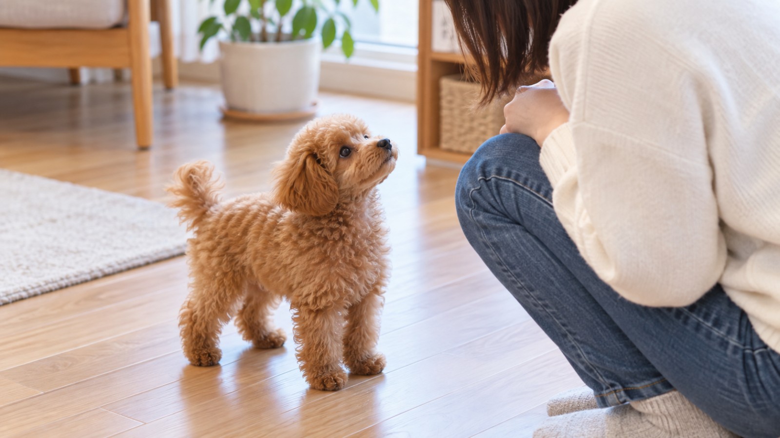 フローリングの部屋で、名前を呼ばれて、しゃがんだ人の顔をまっすぐ見上げているトイプードルの子犬の写真