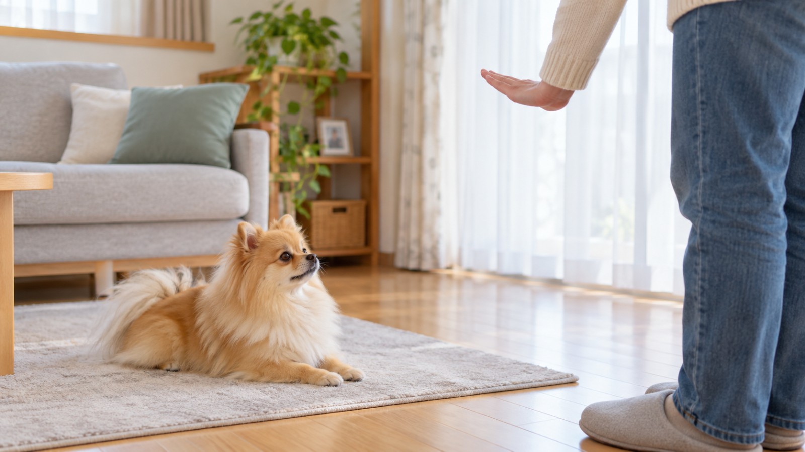 リビングで、立った人が手のひらを犬に向けて出した合図を見て、その場で伏せて待っているポメラニアンの写真