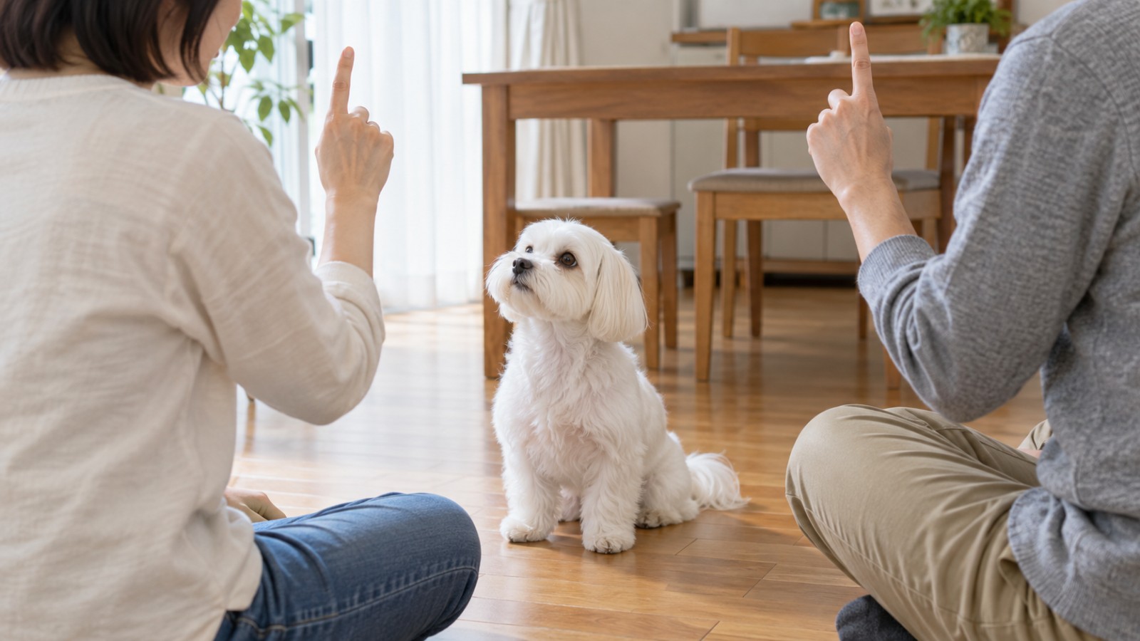 ダイニングの床で、家族2人がそれぞれ同じ手の形で合図を出し、そのあいだで座っている白いマルチーズの写真