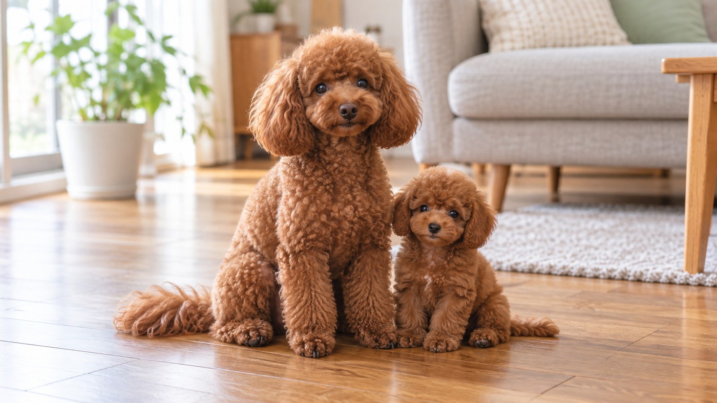 明るいリビングの床に座る、大人のレッドのトイ・プードルと、同じ毛色の子犬のイメージ写真