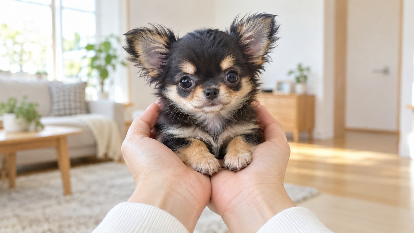 明るい部屋で、顔の写っていない人の両手にのった、ブラックタンのチワワの子犬のイメージ写真
