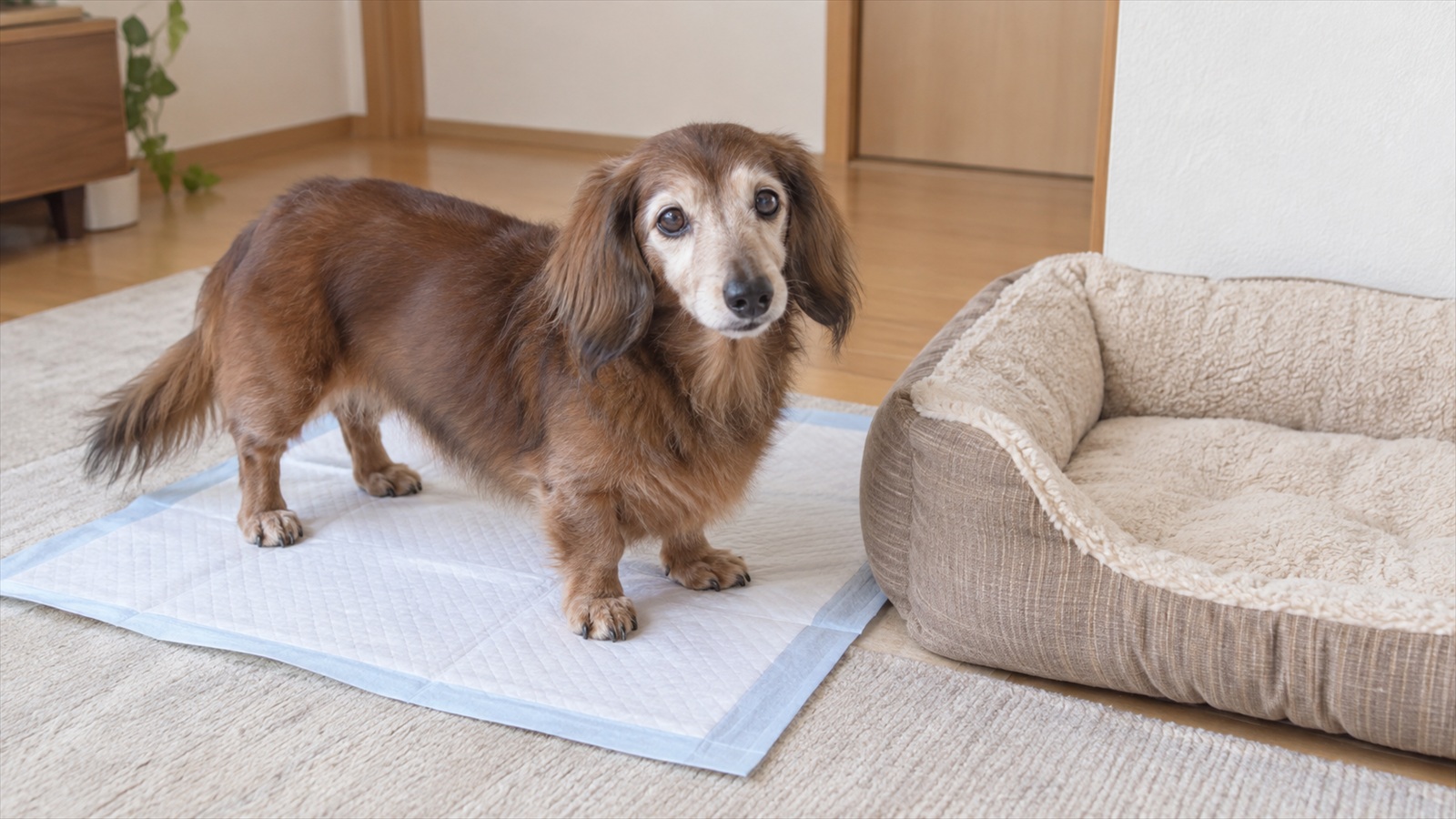 犬用ベッドのすぐ横に敷かれたトイレシートの上に立っている、口元の毛が白くなったシニアのミニチュアダックスフンドの写真