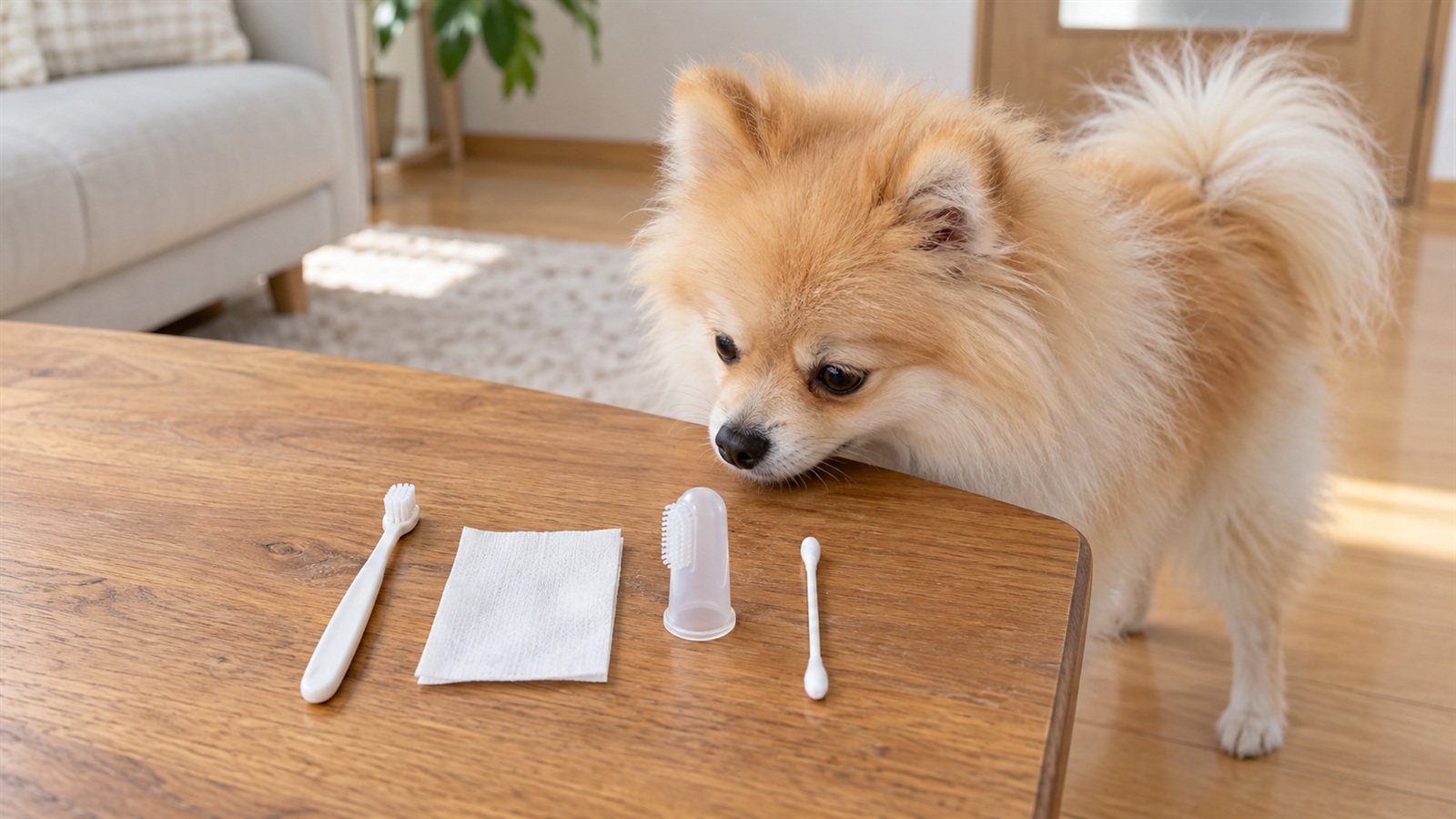 木のテーブルの上に、無地の犬用の小さな歯ブラシ、白い歯磨きシート、指サック型のブラシ、綿棒が並べて置かれていて、その横からポメラニアンがにおいを嗅いでいる写真