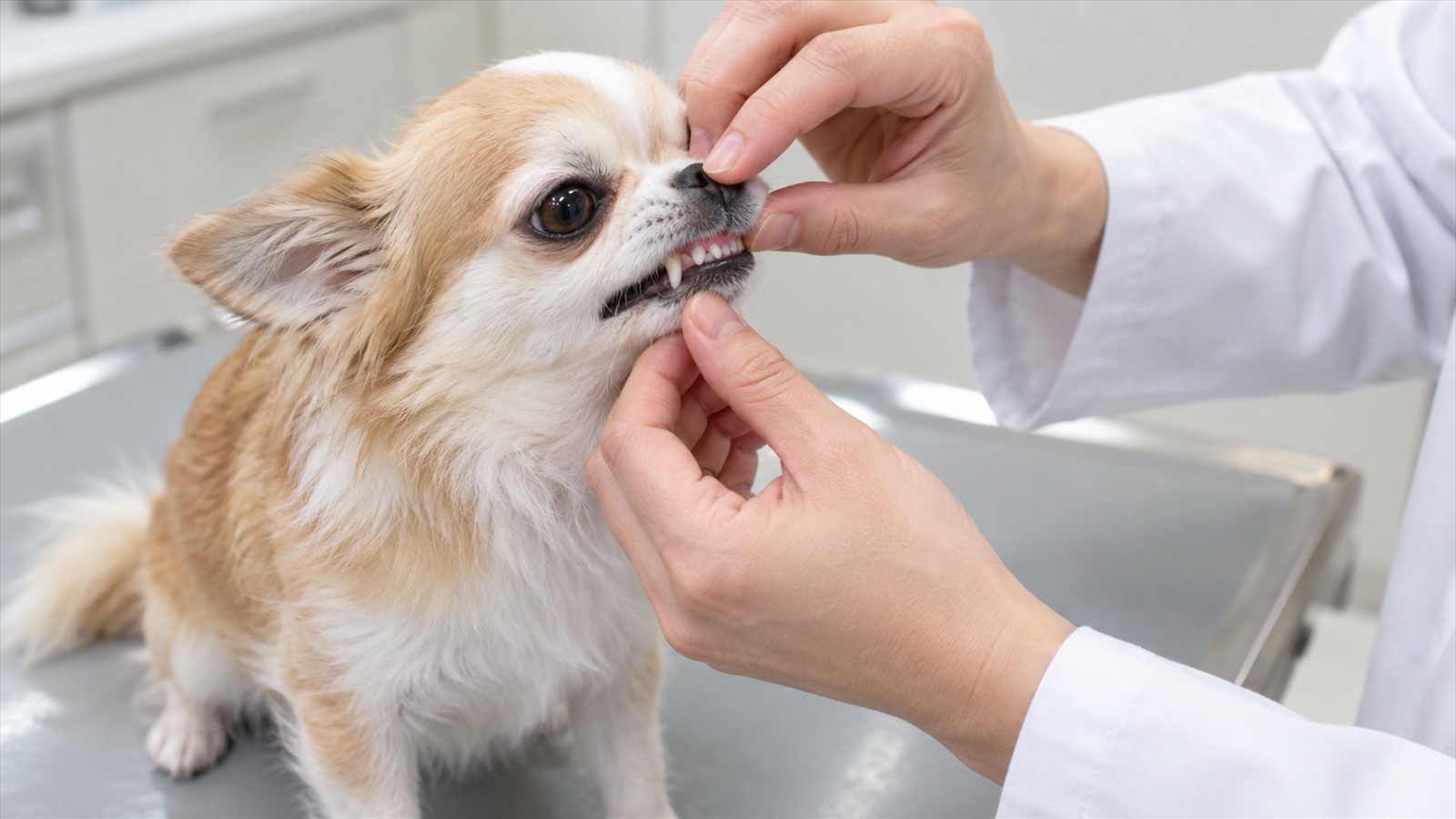 動物病院の診察台の上で、白衣の獣医師の手がチワワの上唇を軽く持ち上げて歯を診ている手元の写真