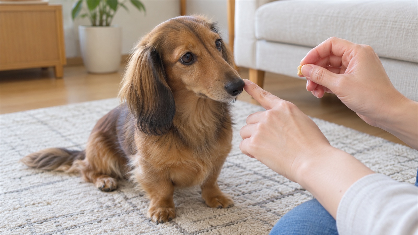 リビングの床に座っているミニチュアダックスフンドのマズルの横に、飼い主が指先をそっと当て、もう片方の手でおやつを差し出している手元の写真