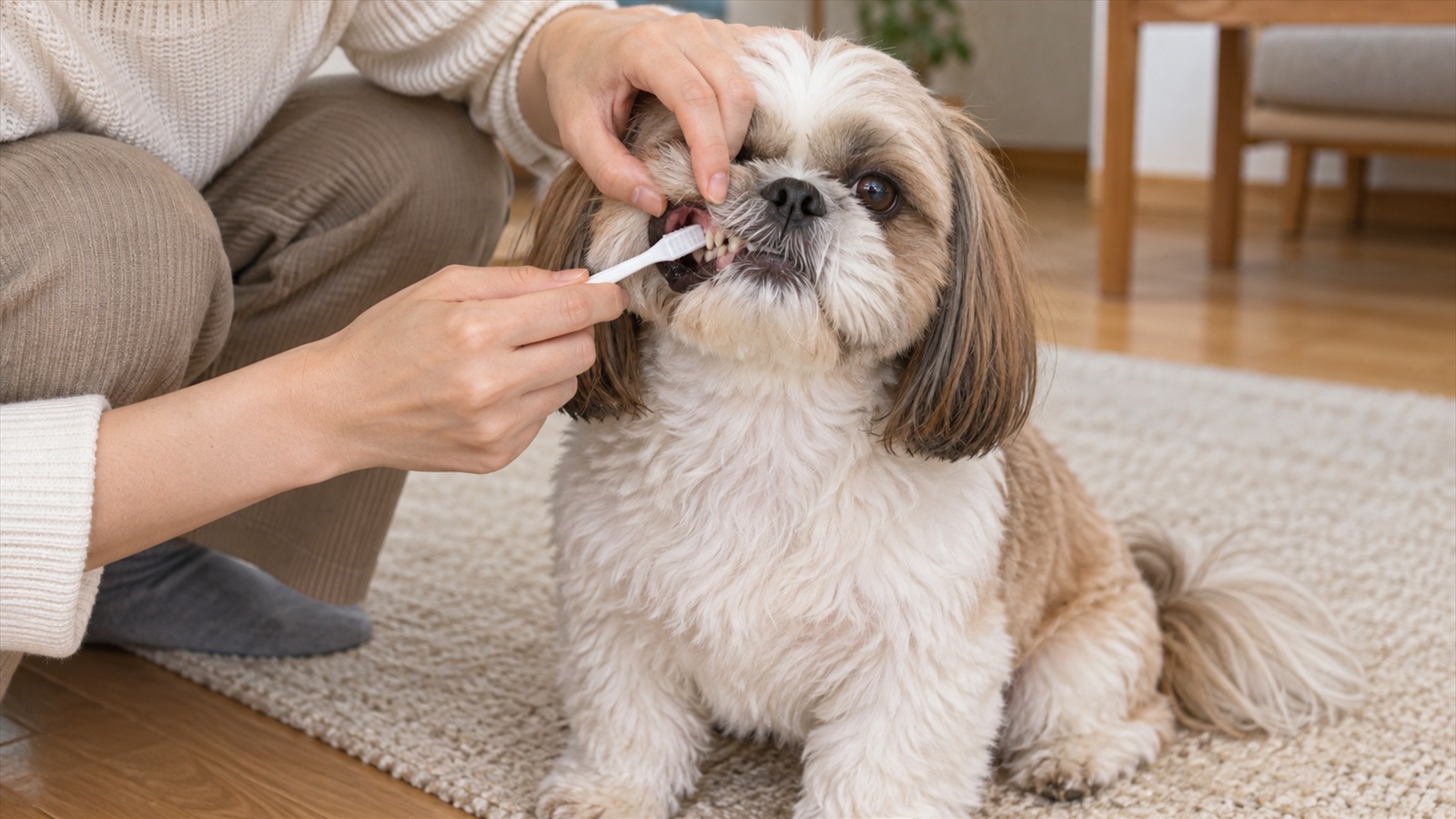 床に座ったシーズーの横にしゃがんだ飼い主が、上唇を指で軽くめくり、無地の小さな歯ブラシを外側の奥歯に当てている手元の写真。犬は落ち着いて前を向いている