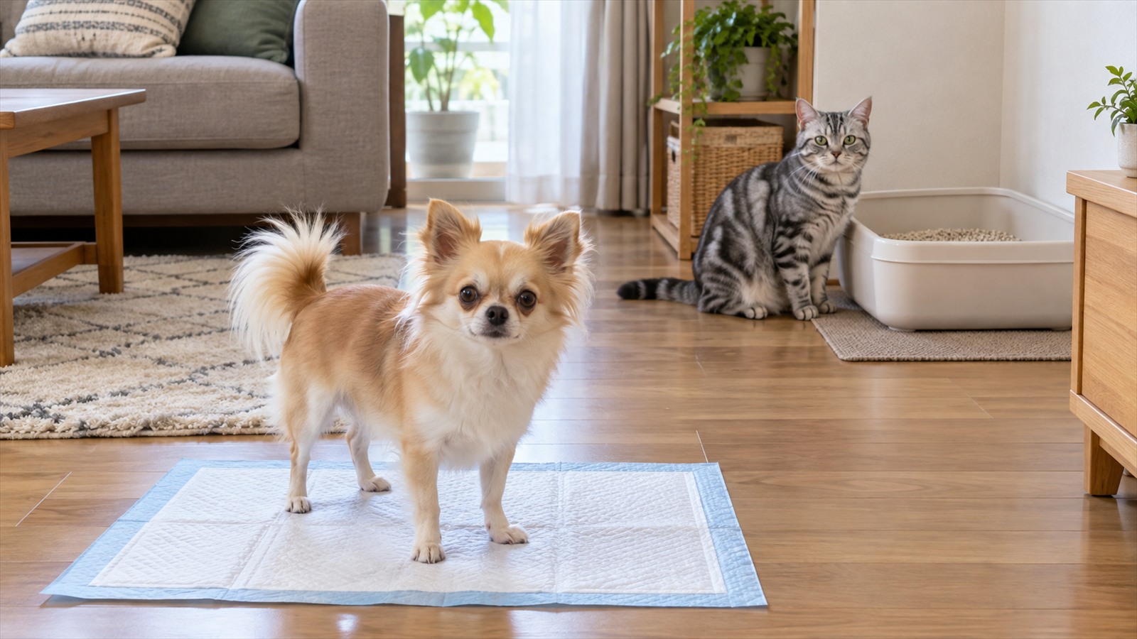 リビングの奥に置かれた屋根の無い猫用トイレのそばに座っているアメリカンショートヘアと、手前のトイレシートの上に立っているチワワの写真