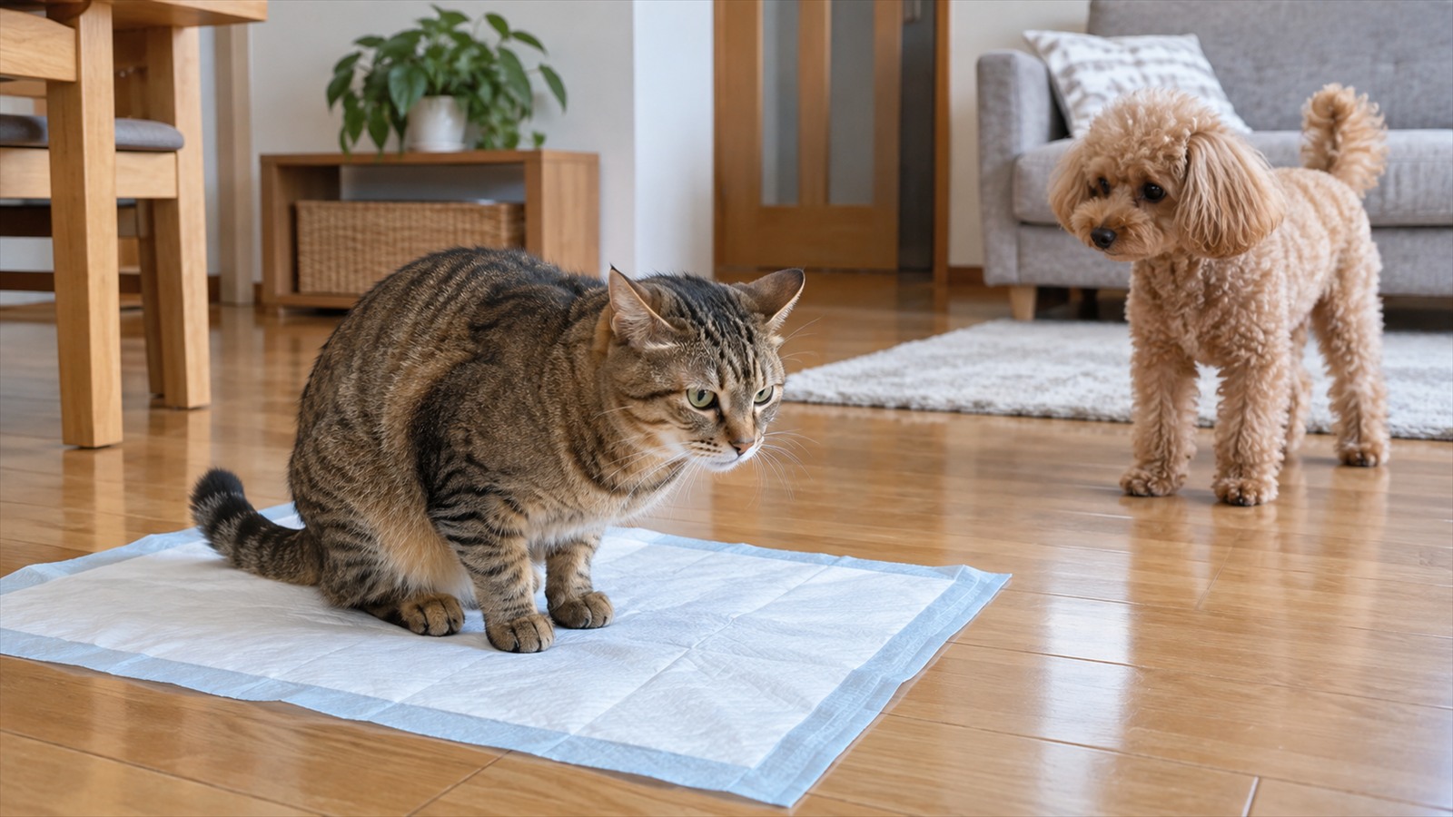 フローリングに敷かれた犬用のトイレシートの上にしゃがんでいるキジトラの猫と、少し離れたところからそれを見ているトイプードルの写真