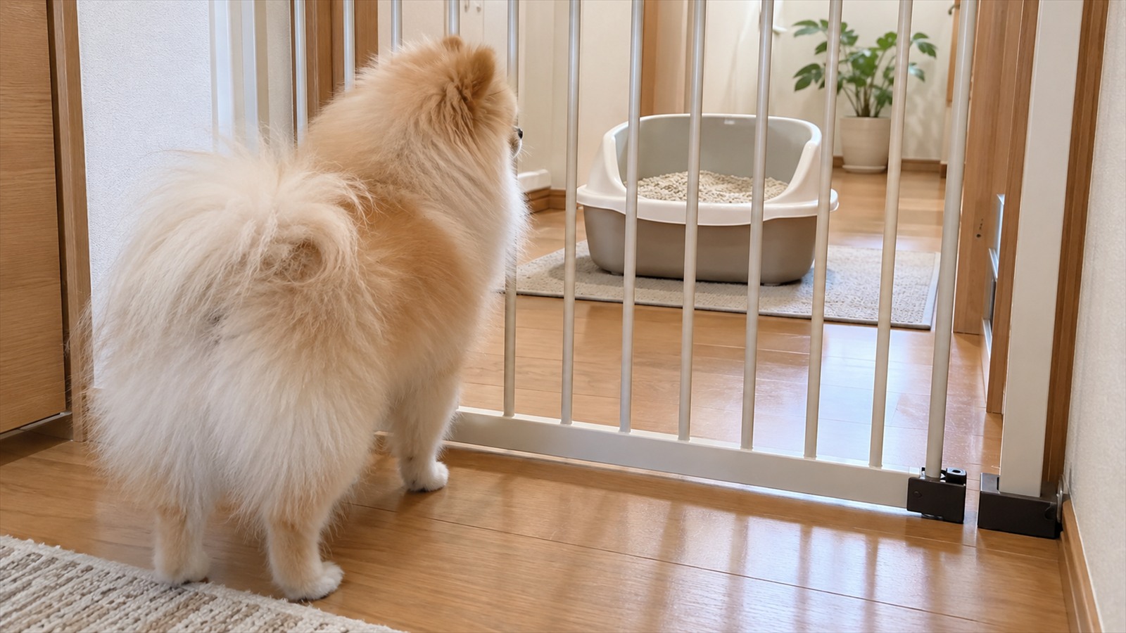廊下に置かれたペットゲートの向こう側にある猫用トイレを、ゲートの手前からのぞいているポメラニアンの写真