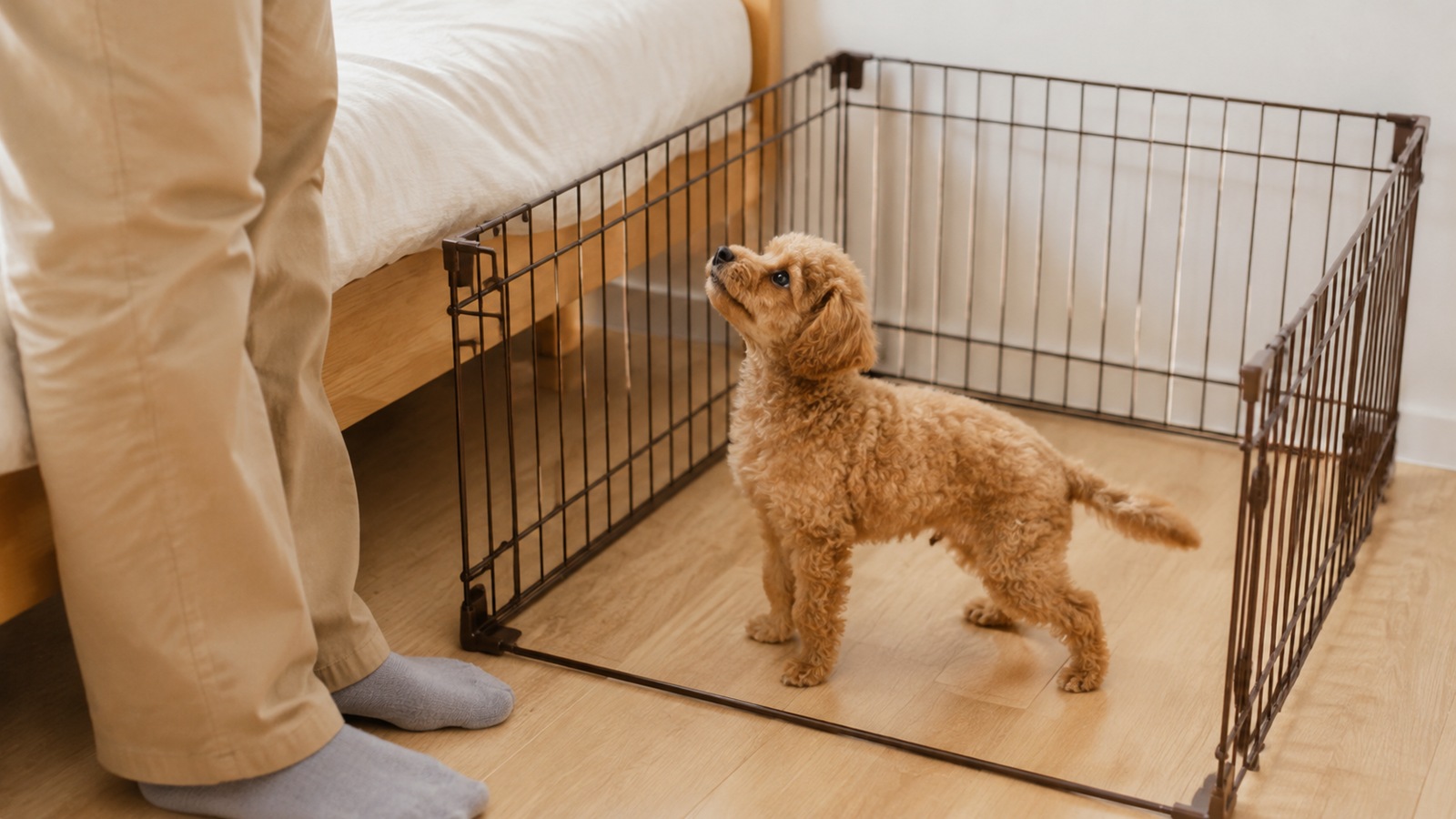 ベッドのそばに置いたサークルの中から人のほうを見上げているトイプードルの子犬の写真