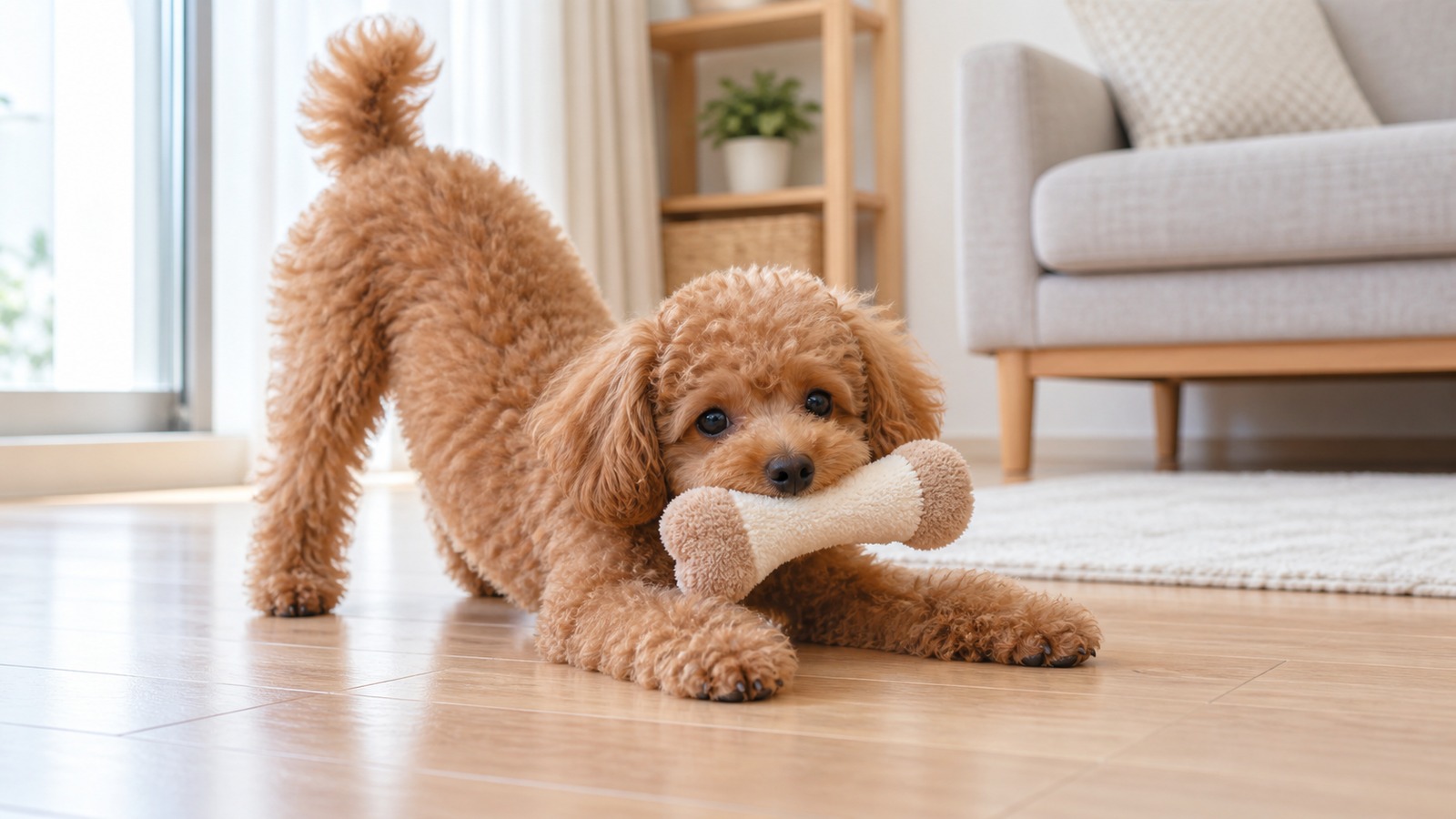 床でおもちゃをくわえ、前足を伸ばしてお尻を上げた遊びの姿勢をとるトイプードルの子犬の写真