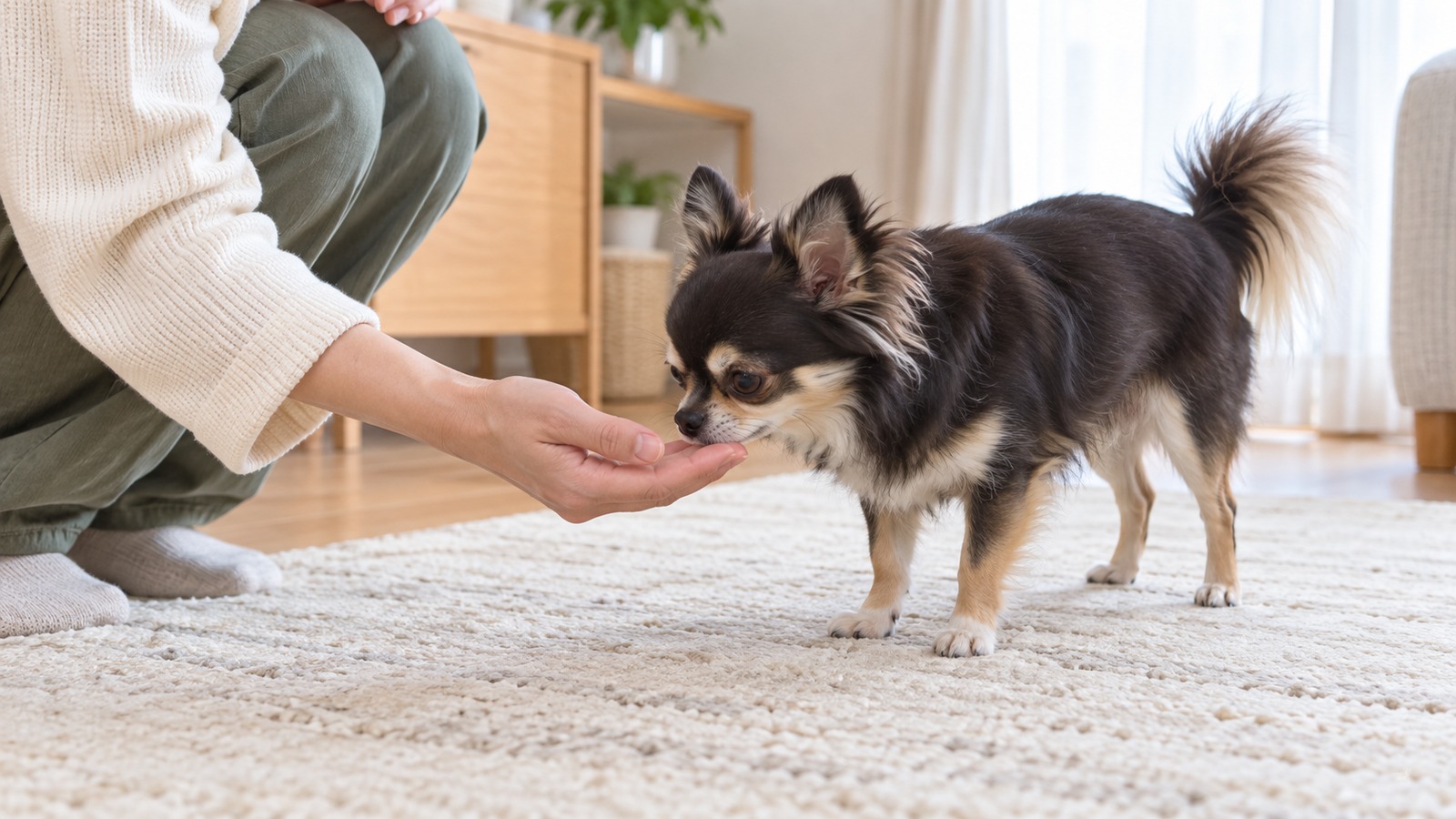 しゃがんだ人が手を下から差し出し、チワワが自分から近づいてにおいを嗅いでいる写真