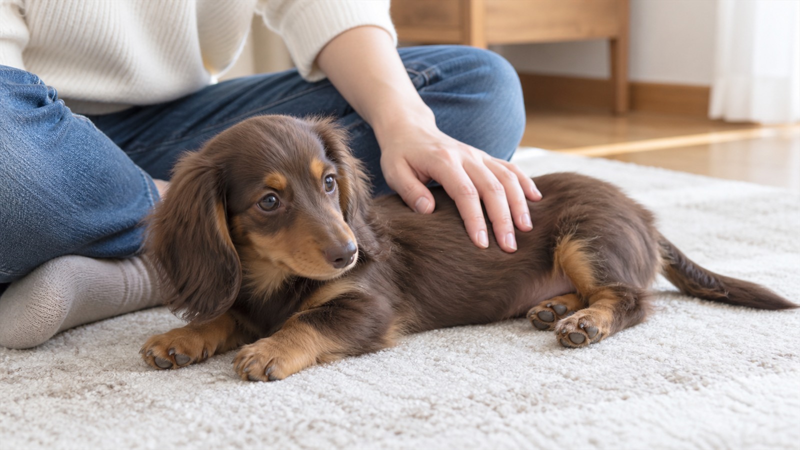 床に座った人の手で、背中をやさしくなでられているミニチュアダックスフンドの子犬の写真
