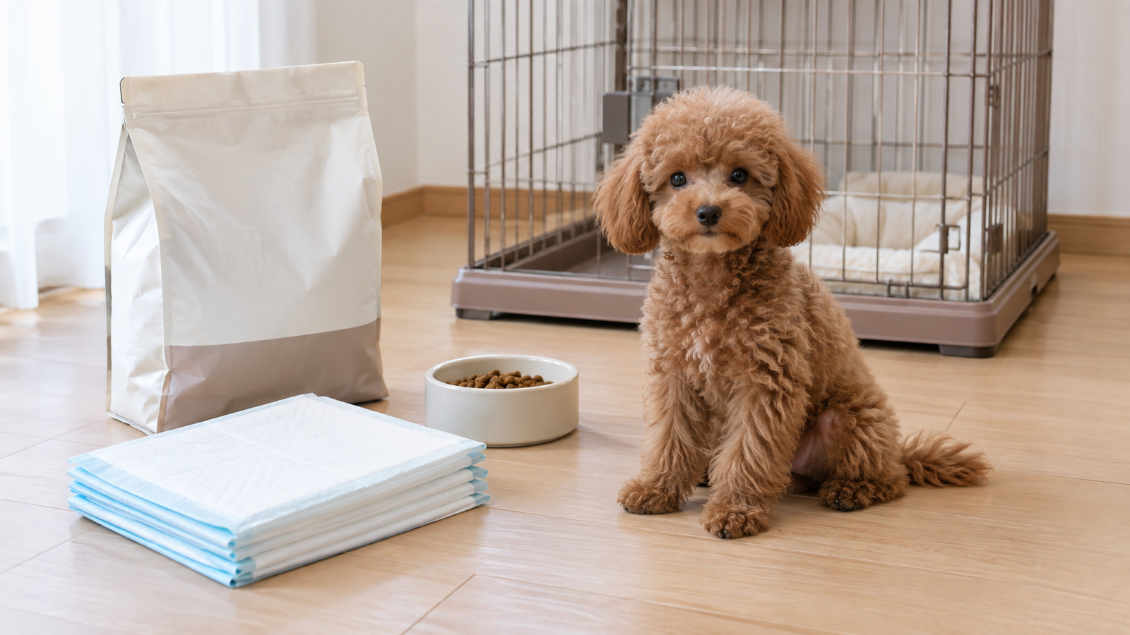 明るい室内の床に、子犬用のフードの袋・ペットシーツ・ケージ・食器が並び、そばにトイプードルの子犬がおすわりしている写真。人は写っていない