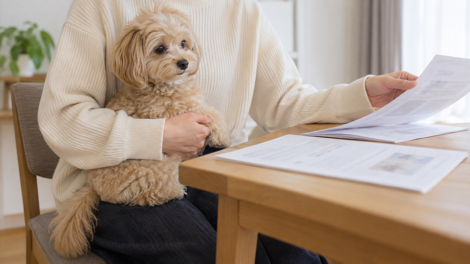見学の部屋で、ひざの上にマルプーの子犬を抱いた人が、机の上の説明の紙を見ている手元の写真。紙の文字は読めない。人の顔は写っていない