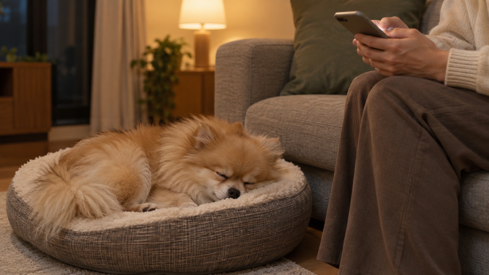 夜のリビングで、ソファのそばの床のベッドで眠るポメラニアンの横で、飼い主がスマートフォンを見ている手元の写真。人の顔は写っていない