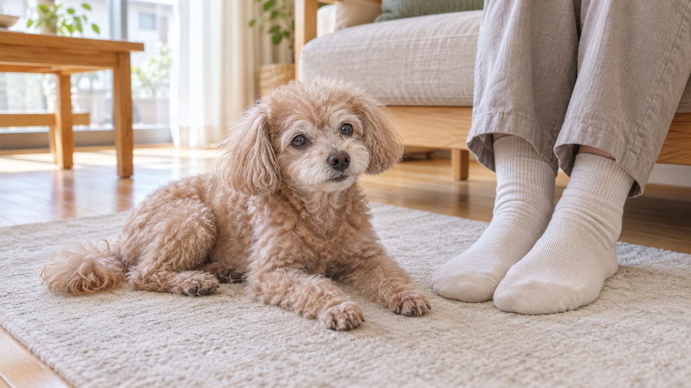 明るいリビングのラグの上で、口のまわりが白くなった年をとった小型犬が、靴下をはいた人の足元のそばに伏せている絵