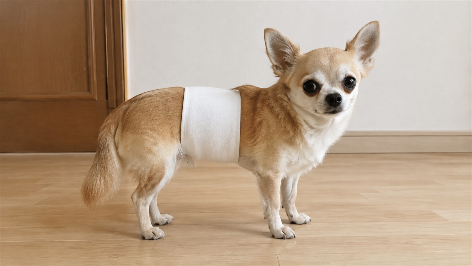 白いマナーベルトを胴に巻いた状態で、床に立っている小型犬の写真