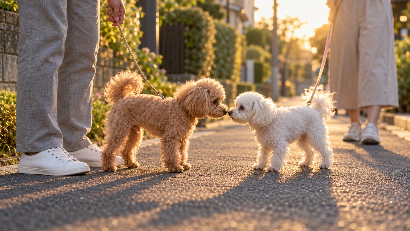 夕方の住宅街の歩道で、リードをつけた茶色い巻き毛の小型犬と白い小型犬が、鼻を近づけてあいさつしている絵