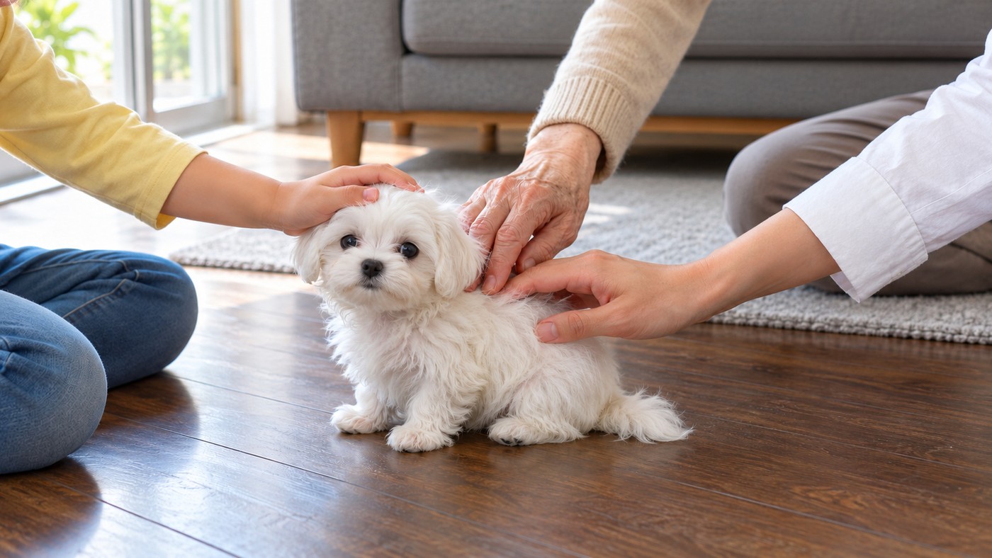 明るいリビングの床で、子どもと大人と年配の人の手が、白っぽい小型犬の子犬をやさしくなでている