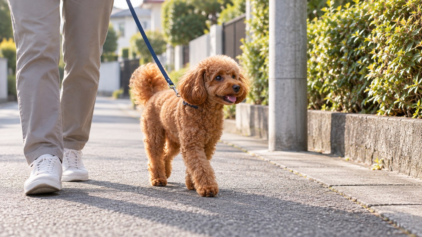 朝の住宅街の歩道を、リードをつけた赤茶色の巻き毛の小型犬が人と歩いている様子（イメージ）