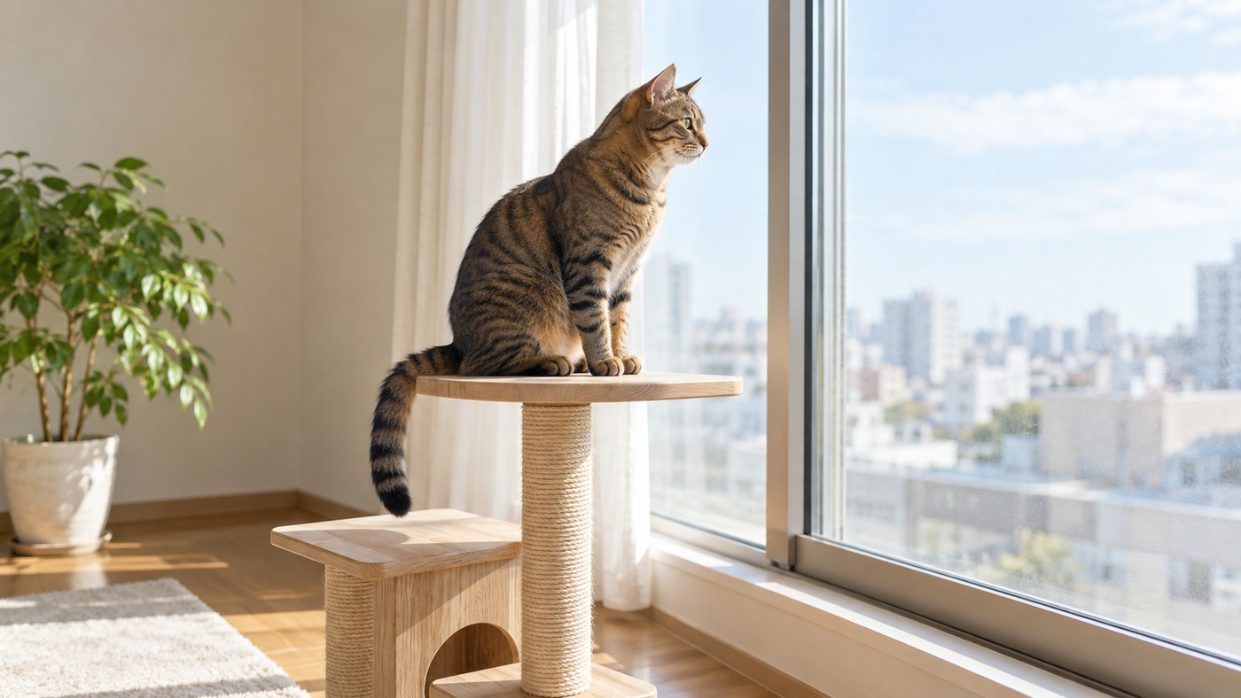 明るい部屋の窓辺で、キャットタワーの上の段から外を見ているキジトラの猫（イメージ）