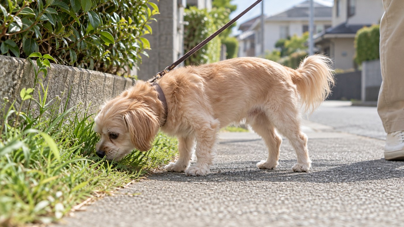 散歩中に、リードをつけて道ばたの草のにおいをかいでいる小型犬のイメージ写真