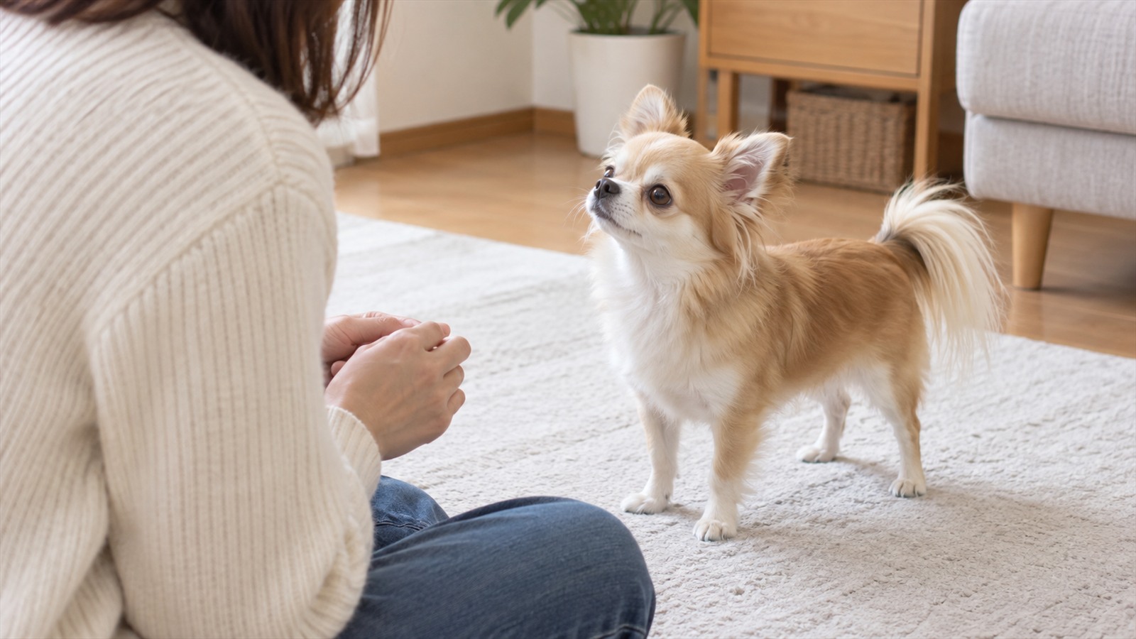 床に座った人が、小さな声で短く話しかけながらチワワと向き合っている写真