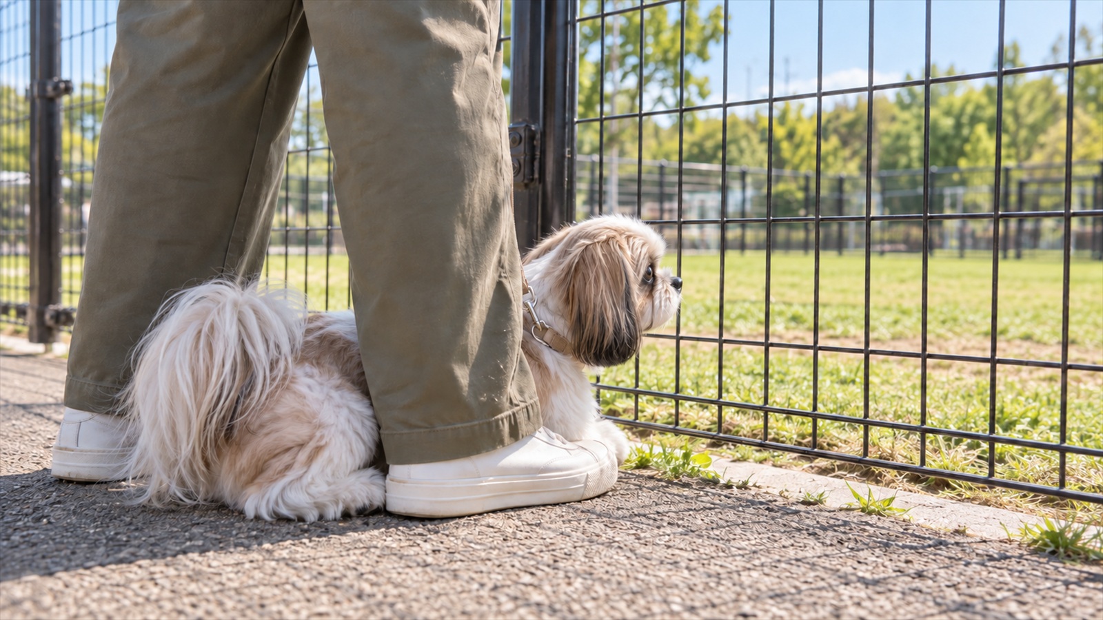 ドッグランの柵の外で、首輪にリードをつないだシーズーが体を低くして飼い主の足のあいだに伏せ、柵の内側の芝生を見ている写真。人は足元だけが写っていて顔は写っていない