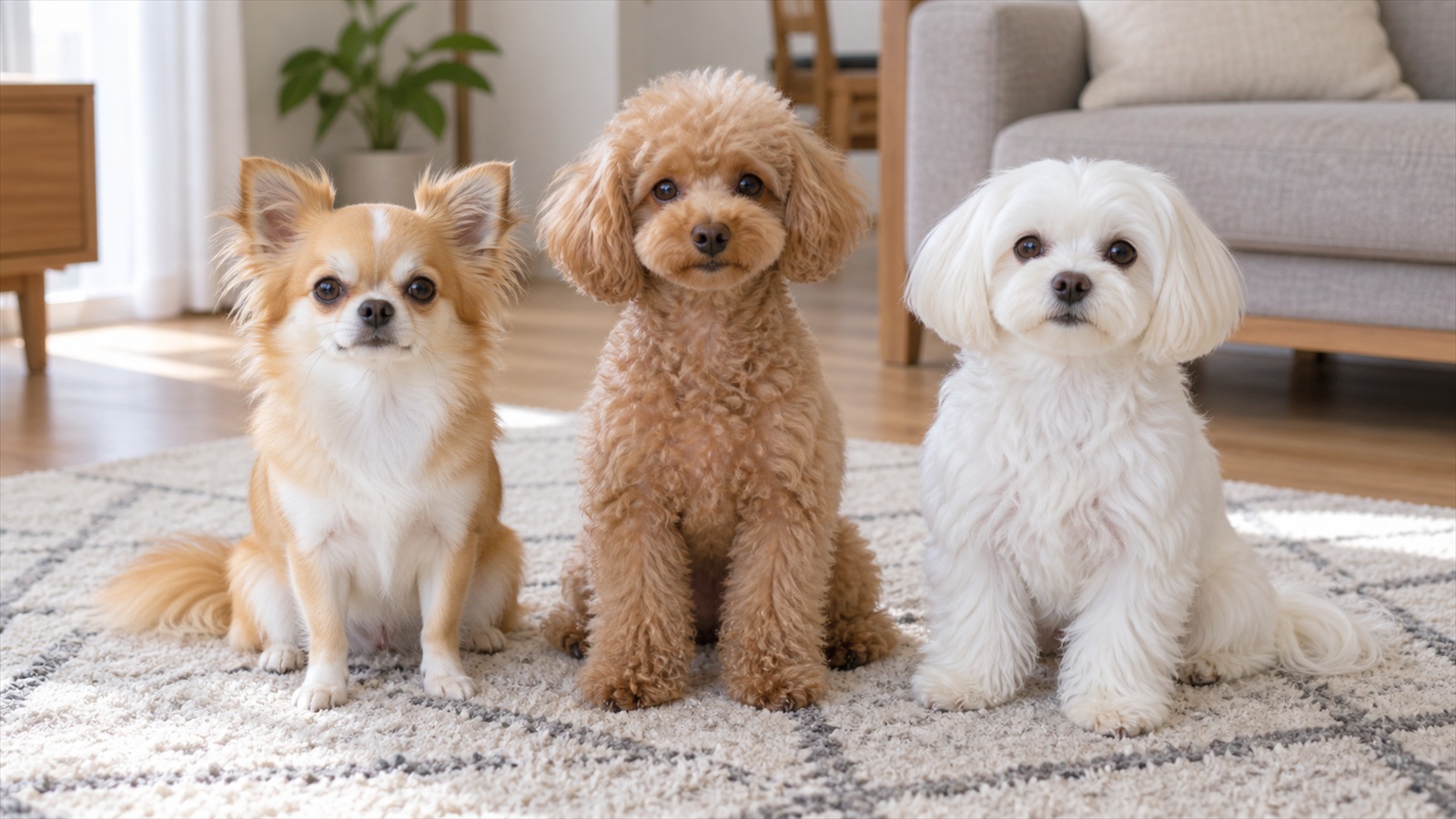 室内のラグの上に、チワワとトイプードルとマルチーズが並んで座っている写真。人は写っていない