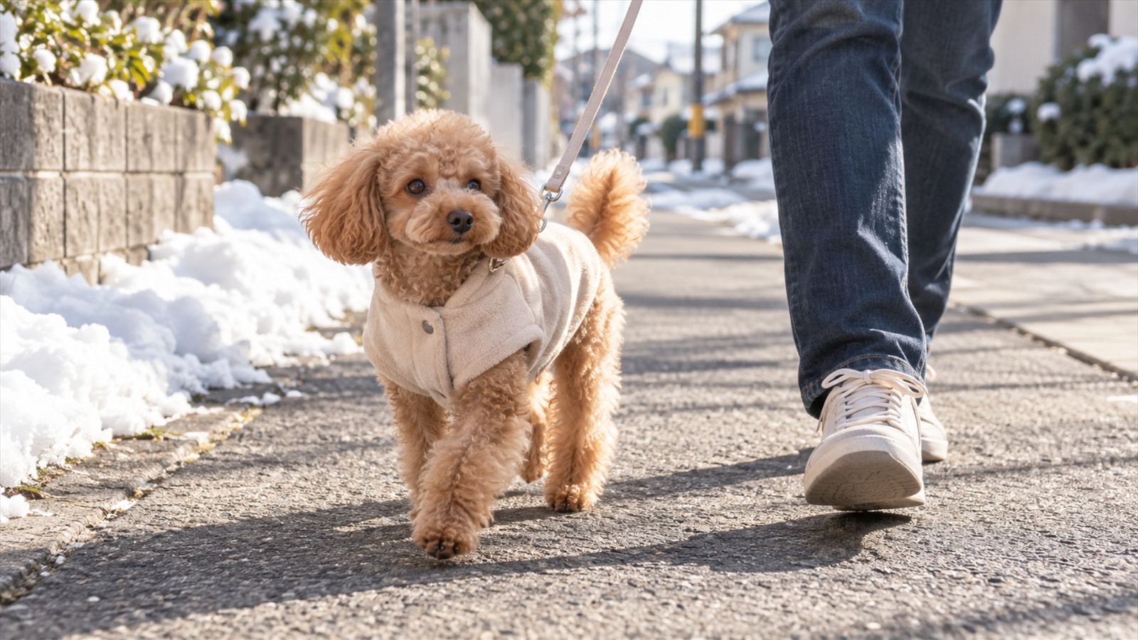 冬の朝の住宅街の歩道で、無地の薄いベージュの前開きの服を着てリードを付けて歩いているトイプードルと、その横を歩く人の足元の写真