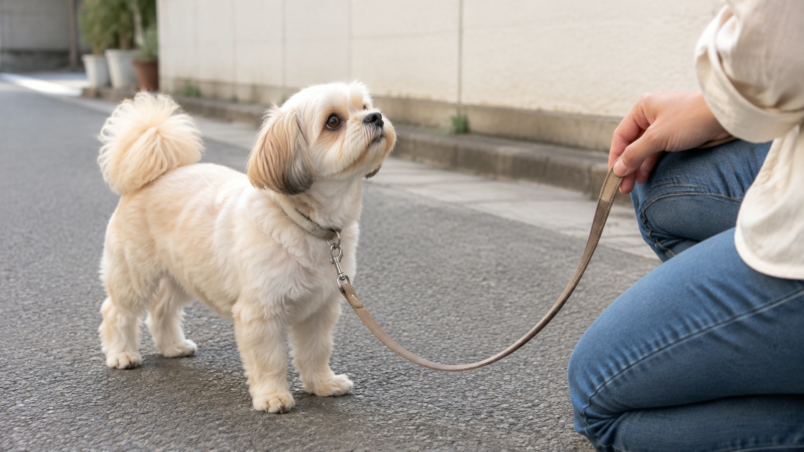 たるんだリードの先で、飼い主のほうを見ている小型犬の写真