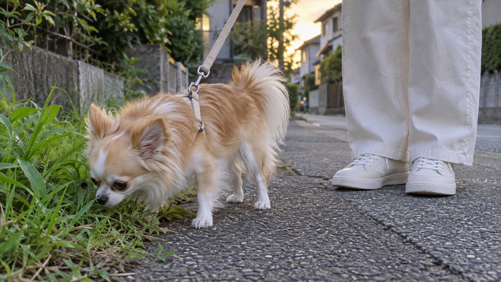 夕方の住宅街の歩道で、リードを付けたロングコートチワワが立ち止まって道端の草のにおいを嗅いでいて、その横で人が待っている足元の写真