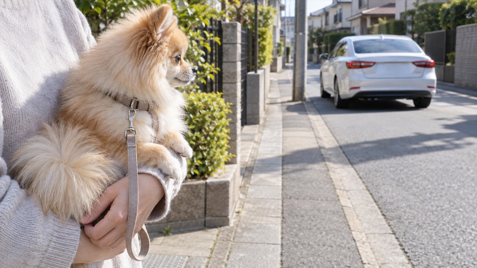 住宅街の歩道で、人の腕に抱っこされたポメラニアンの子犬が、通りを走る車のほうを落ち着いて見ている写真