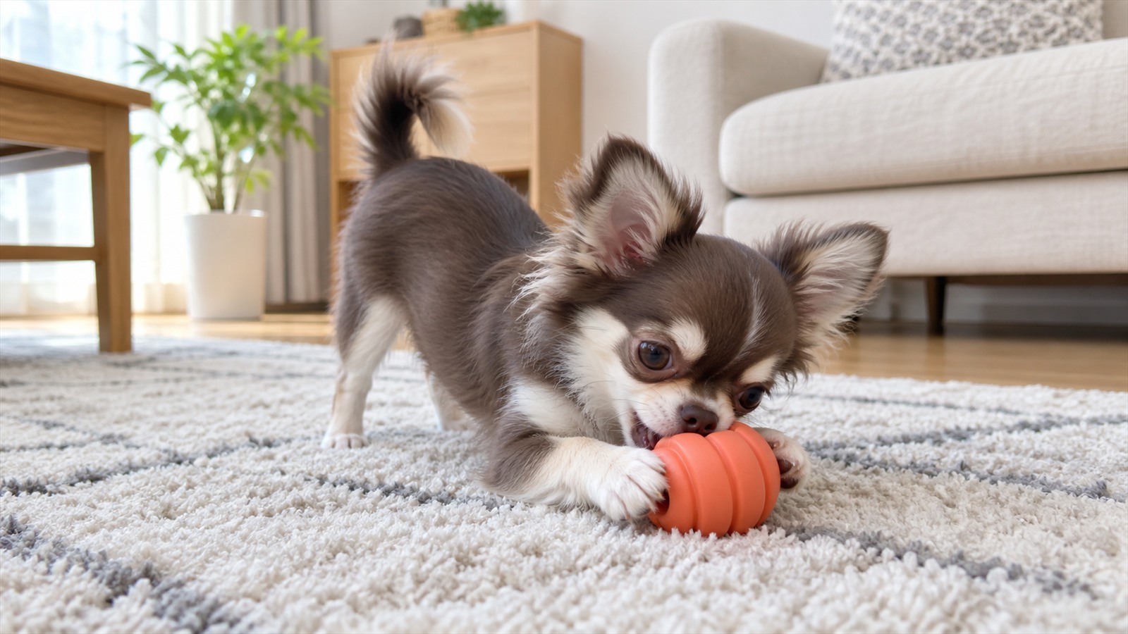 リビングのラグの上で、無地のゴム製の犬用おもちゃを前足で押さえてかじっているチワワの子犬の写真