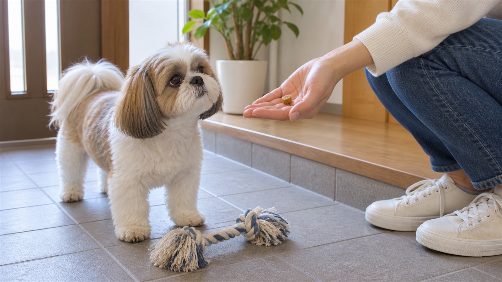玄関で、しゃがんだ飼い主が手のひらに小さなおやつをのせて差し出し、シーズーがロープのおもちゃを足元に落として飼い主の手を見ている写真