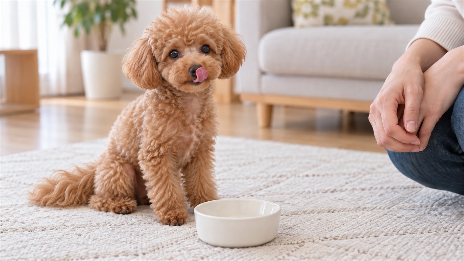 リビングのマットの上で、食べ終わった無地の器の前に座って口元を舐めているトイプードルの子犬の写真。飼い主がそばにしゃがんで様子を見ている手元だけが写っている