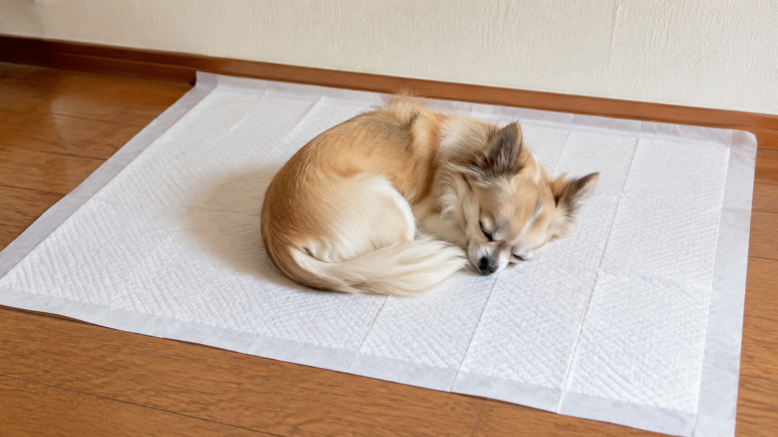 きれいなトイレシートの上で丸くなって眠っている小型犬の写真