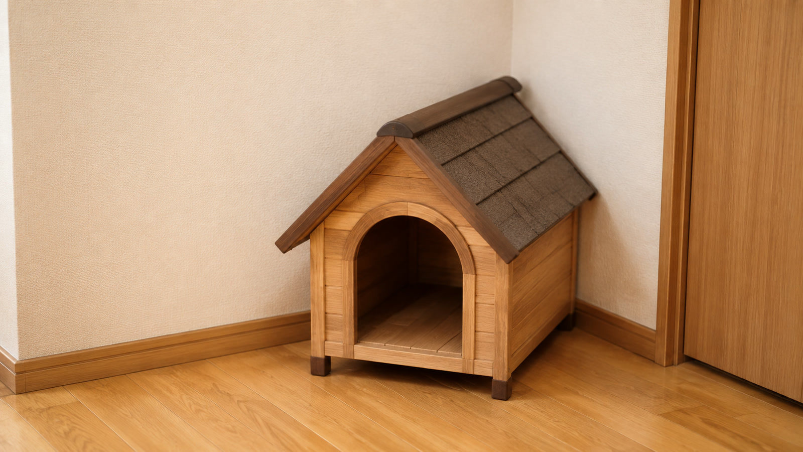 部屋のすみに置かれた、屋根のついた犬用ハウスの写真
