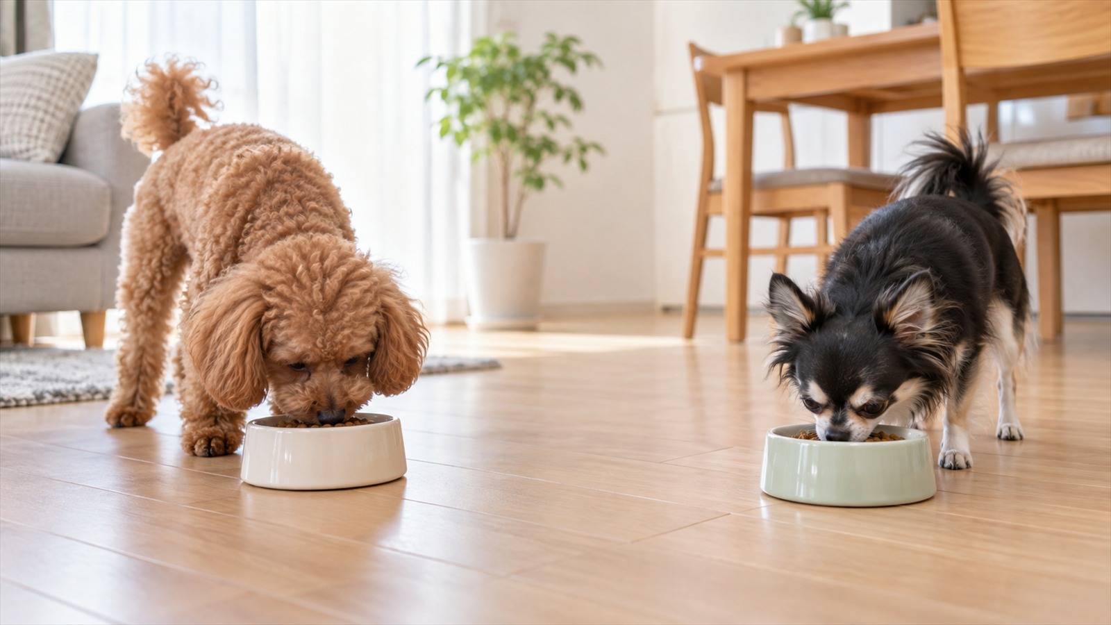 少し離れた場所に置かれたそれぞれの食器の前で、離れてごはんを食べているトイプードルとチワワの写真