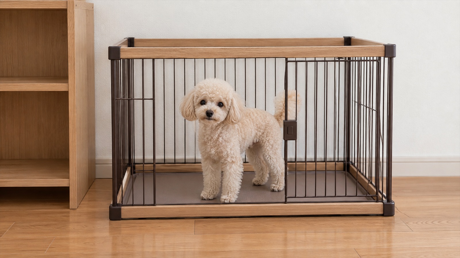 リビングの壁ぎわ、木製の棚の横に置かれた犬用のサークルの中から、こちらを見ているクリーム色のトイプードルの写真