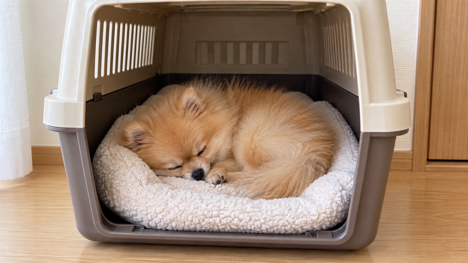 室内に置かれた、屋根と側面が囲われたプラスチック製の犬用クレートの中に、やわらかいベッドが敷かれ、その上で丸くなって眠っているポメラニアンの子犬の写真。人は写っていない
