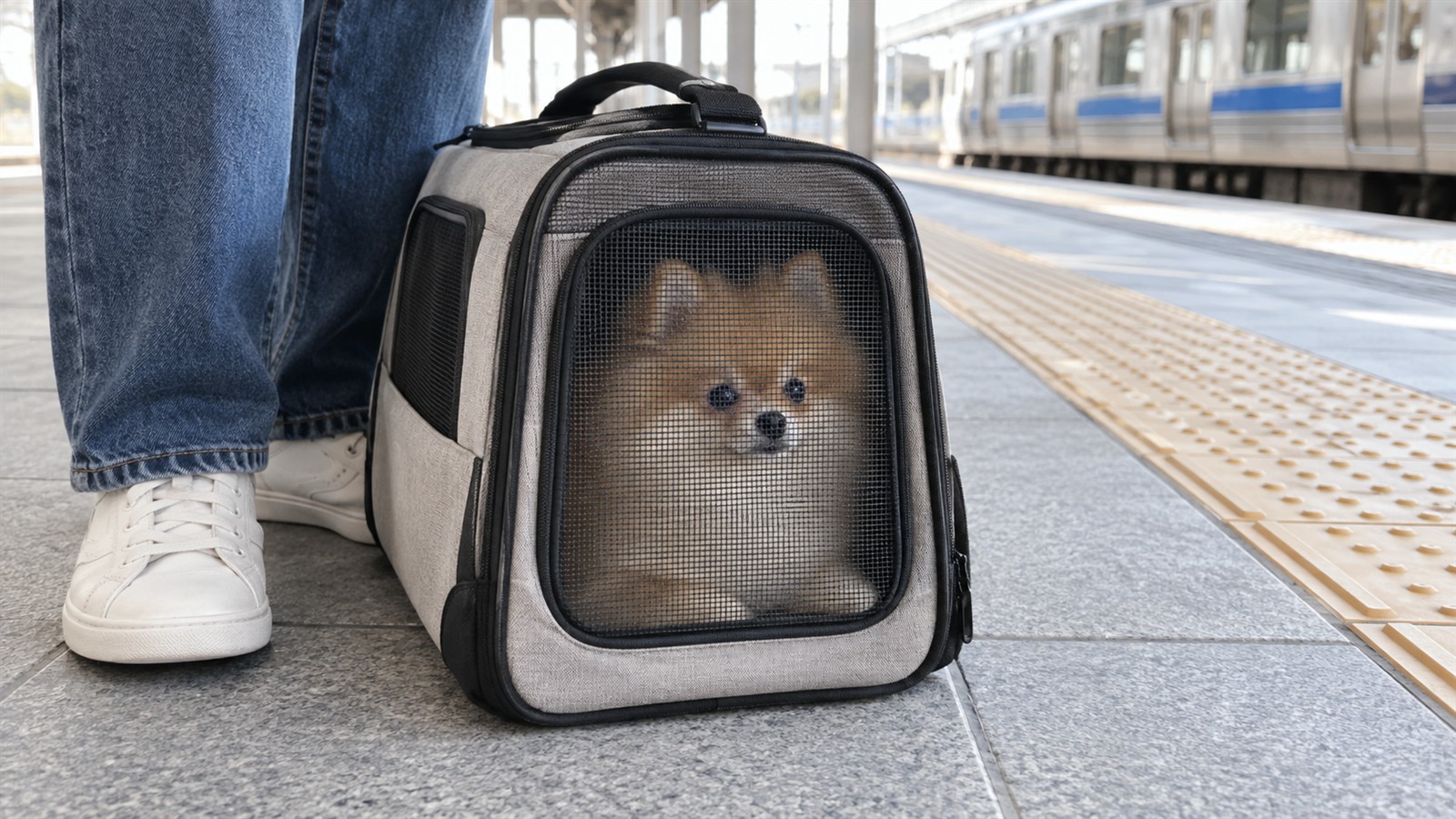 駅のホームで、足もとに置かれた布製のペットキャリーの中に入っているポメラニアンの子犬の写真。メッシュの扉は閉じていて、子犬は網ごしに外を見ている。人の顔は写っていない