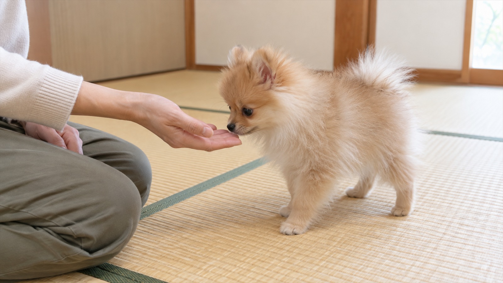 室内の畳の部屋で、座っている人の手がそっと差し出され、ポメラニアンの子犬が自分から近づいてにおいを嗅いでいる写真。人の顔は写っていない